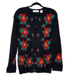 Vtg Womens Size XL Christmas Poinsettia Knit Laura Gayle Cardigan Black Red
